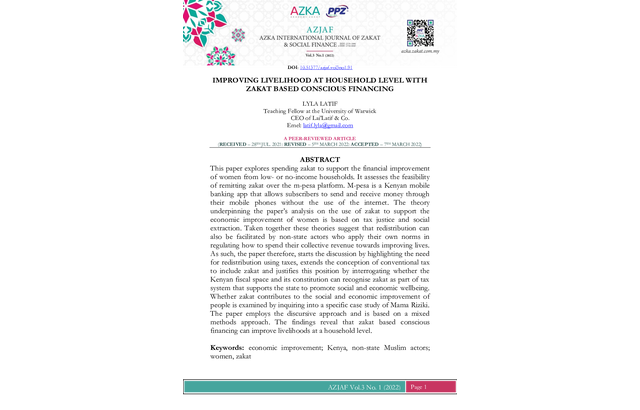 Improving Livelihood at Household Level with Zakat Based Conscious Financing